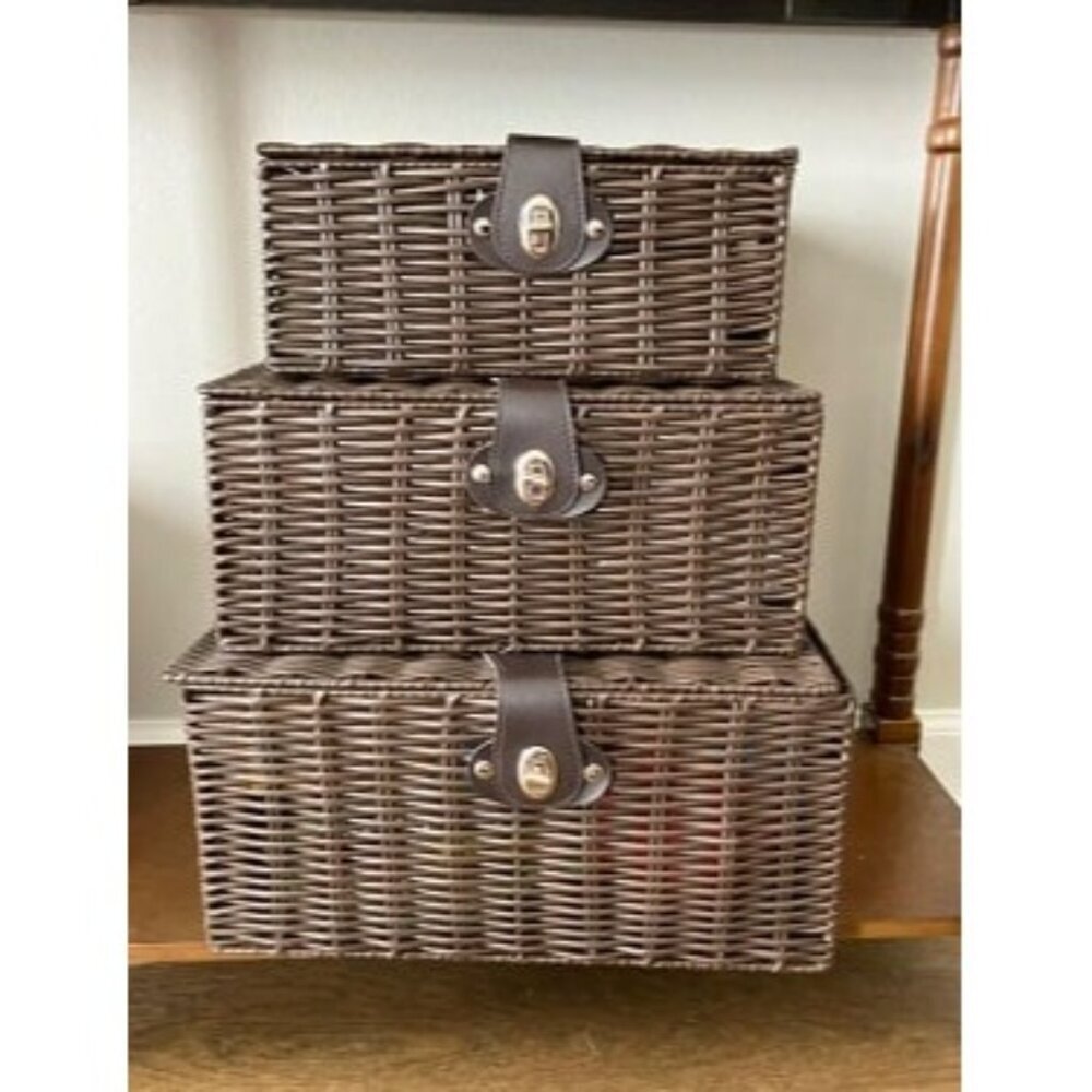 New Set of 3 Woven Wicker Storage Basket Box with Lid & Lock, Built-in Handles